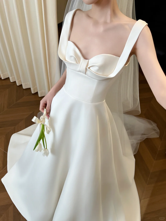 Glamorous Satin Wedding Dress A-Line Shoulder Straps Bridal Gown DP7126