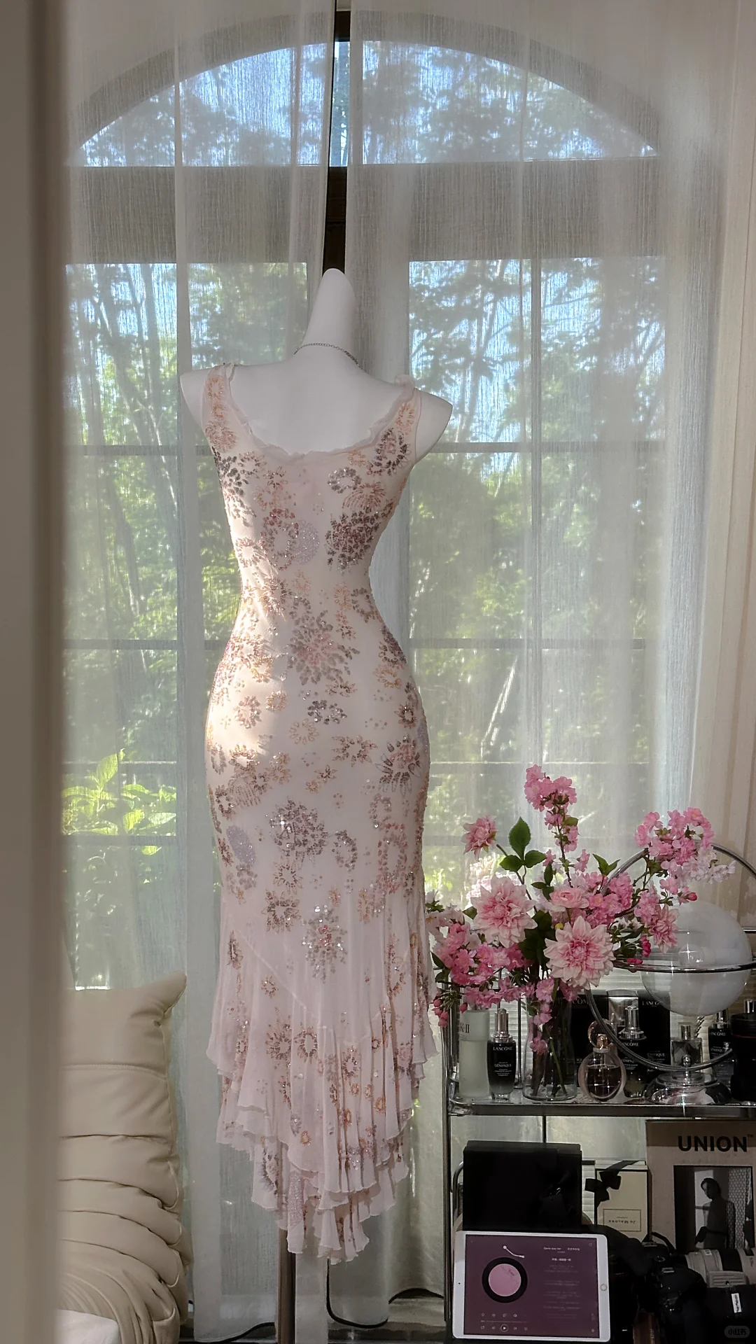 Vintage Chiffon Shiny Sequin Floral Mermaid Prom Dress Evening Dress DP6360