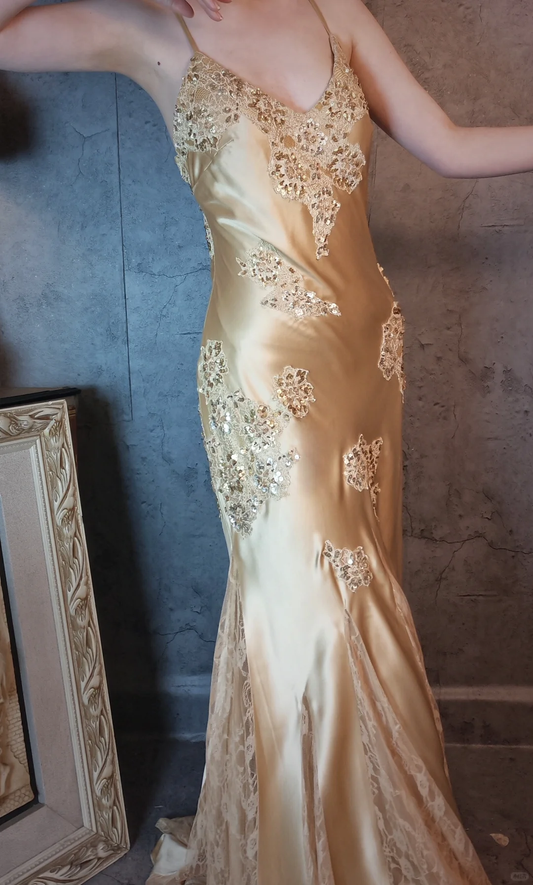 Retro Golden V-neck Sparkling Beaded Backless Design Elegant Satin Evening Dress Prom Dress DP6046