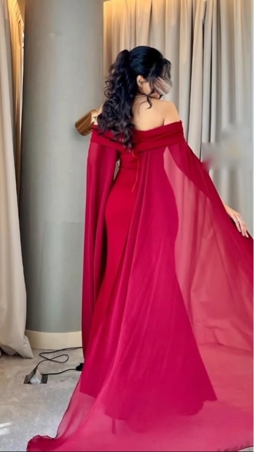 Charming Red Off Shoulder Mermaid Long Evening Dress with Cape, DP3233