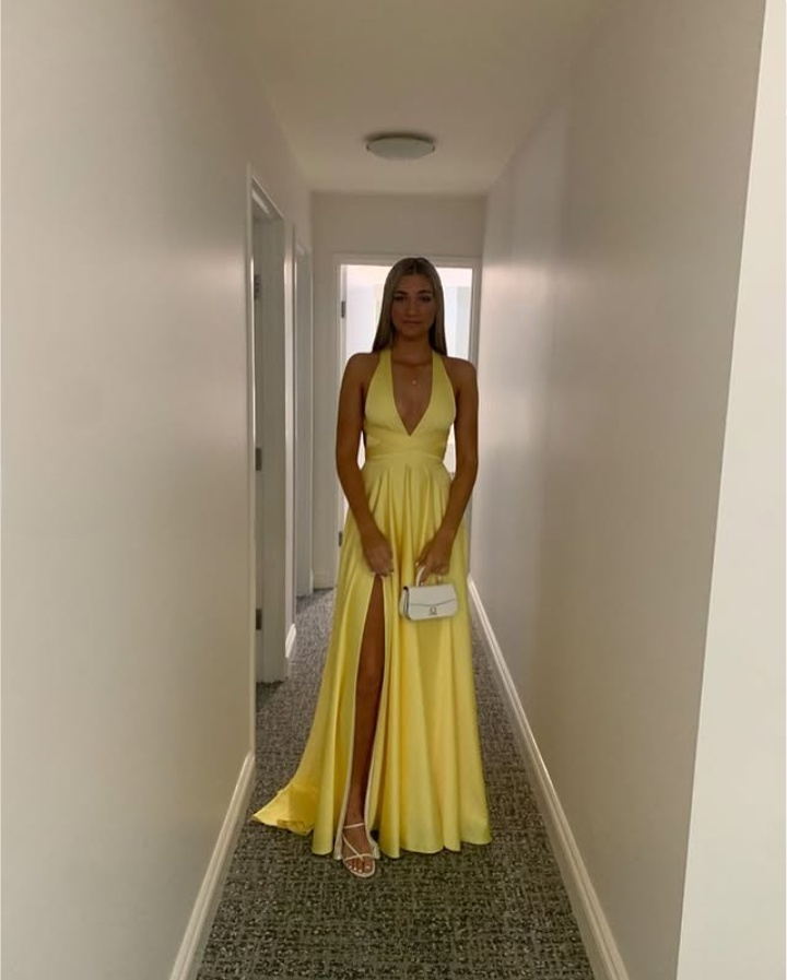 Yellow Deep V Neck A-Line Backless Formal Party Dress with Slit,DP1976