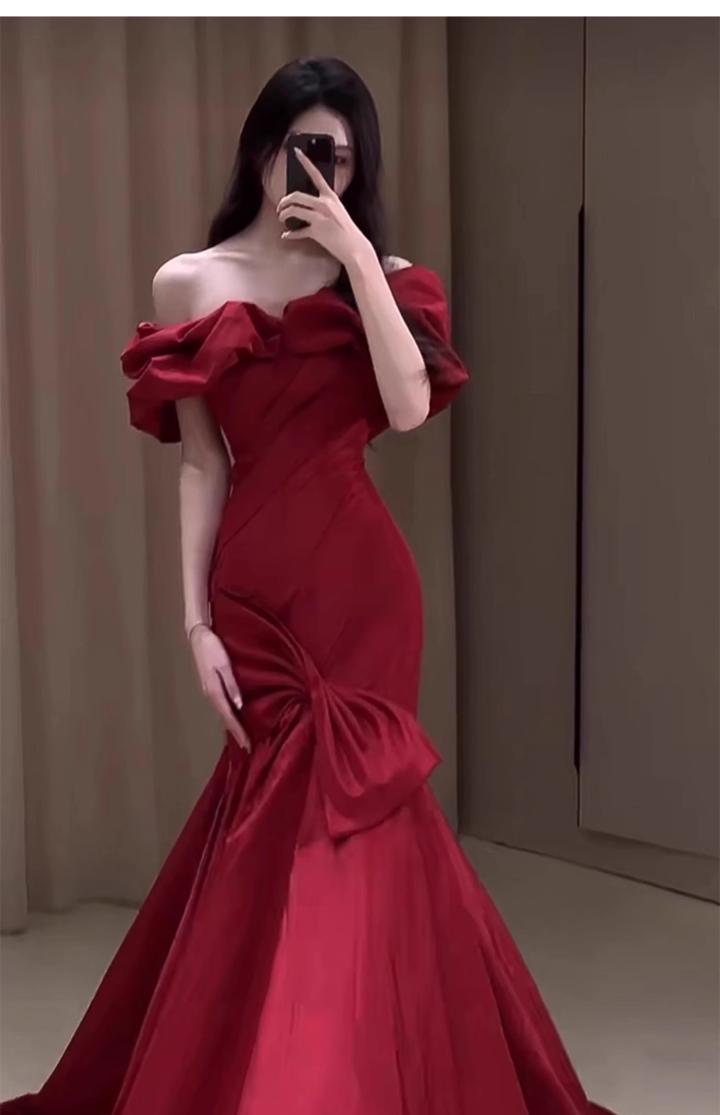 Elegant Burgundy Off-Shoulder Ruffled Neckline Mermaid Dramatic Bow Evening Gown DP7216