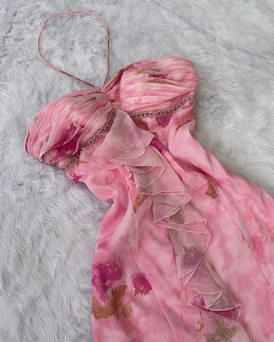 Vintage Pink Floral Prom Dress Sheath Ruffled Evening Dress Halter-neck Formal Dress DP6673