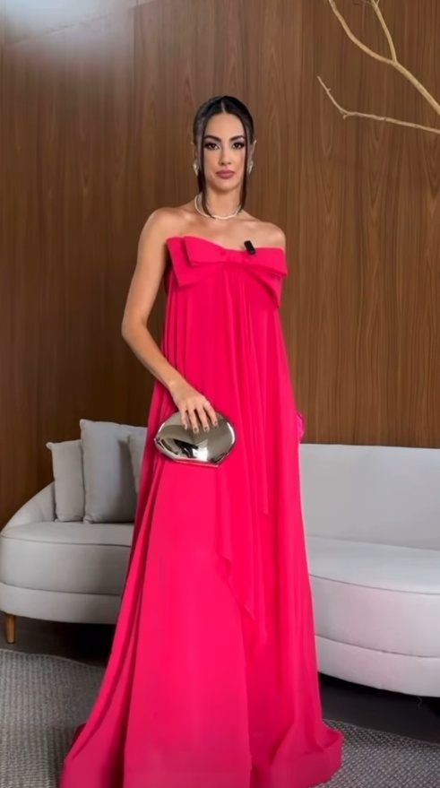 Hot Pink Strapless A-Line Cute Bowknot Long Party Dress Wedding Guest Dress, DP3443