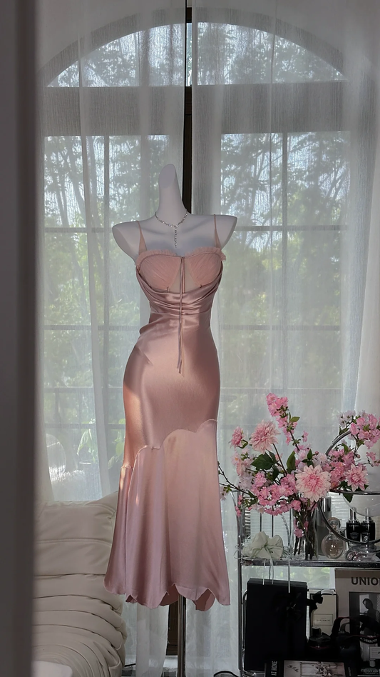 Vintage Pink Spaghetti Strap Mermaid Satin Prom Dress Evening Dress DP6363