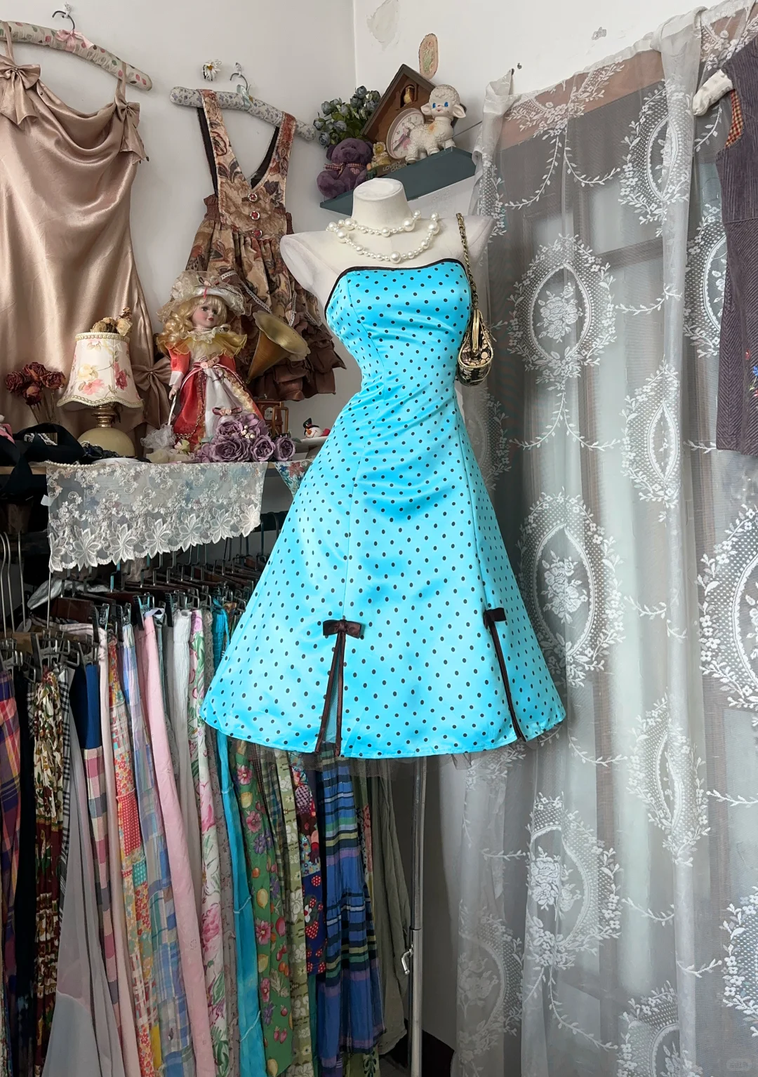 Retro Light Blue Polka Dot Strapless Bow Detail Homecoming Dress DP833 DSProm Retro Light Blue Polka Dot Strapless Bow Detail Homecoming Dress DP833 DSProm