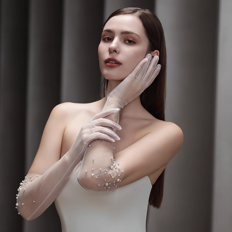 Bridal Gloves Handmade Beading Elegant Long Elegant Wedding Tulle Gloves, DP5302