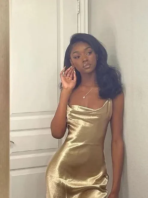 Robe de soirée longue noire à bretelles carrées dorées et dos nu pour fille, DP3704