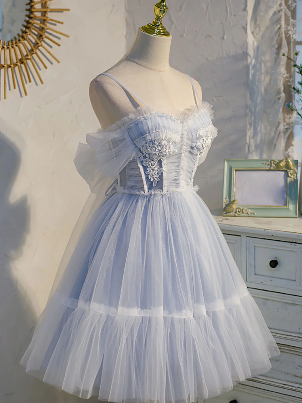 Robe de soirée trapèze en tulle bleu clair avec appliques et bretelles spaghetti, style vintage DP6065
