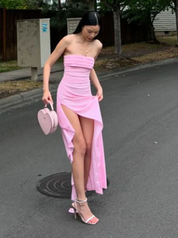 Pink Strapless Lovely Ruffle Party Dress with Split, DP2772
