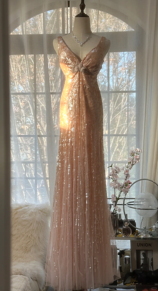 Robe de soirée romantique en mousseline de soie, style vintage, champagne, paillettes scintillantes, DP6018