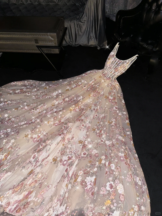 Glamorous Tulle Floral Applique Sleeveless A-Line Evening Gown DP7336