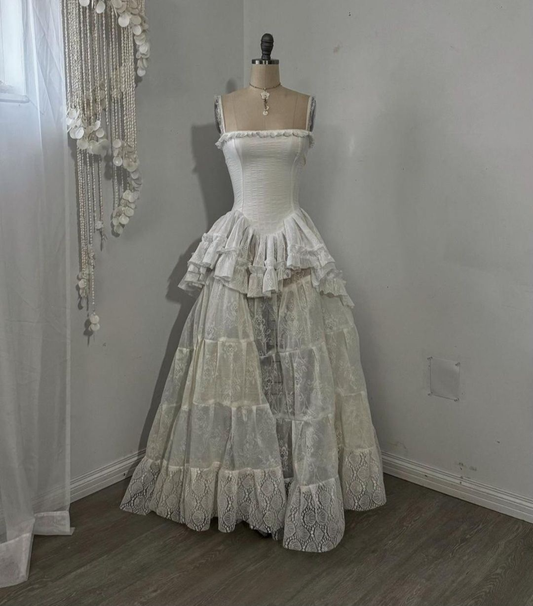 Elegantes, elfenbeinfarbenes A-Linien-Spitzenkleid mit Trägern, langes formelles Partykleid im Vintage-Stil, DP5190