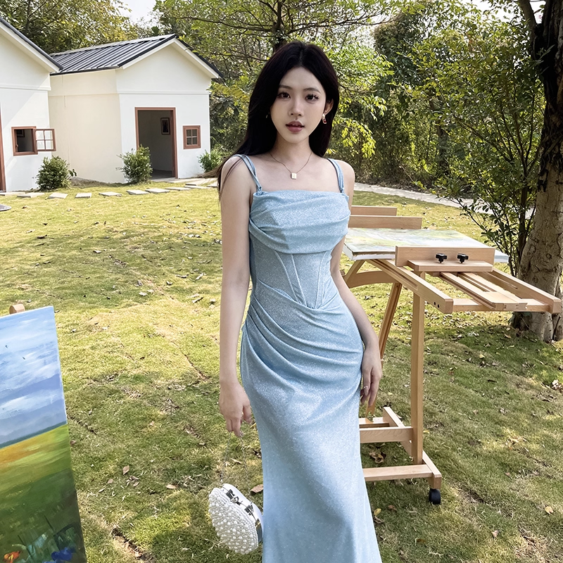 Vintage Glänzendes Hellblaues Spaghettiträger Meerjungfrau Langes Sommerkleid Ballkleid Abendkleid DP6398