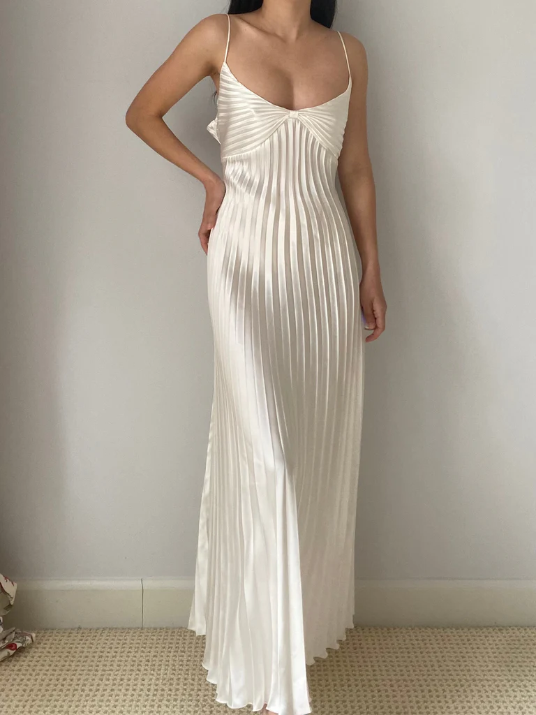 Ivory Spaghetti Straps A-Line Pleated Elegant Long Party Dress, DP3206