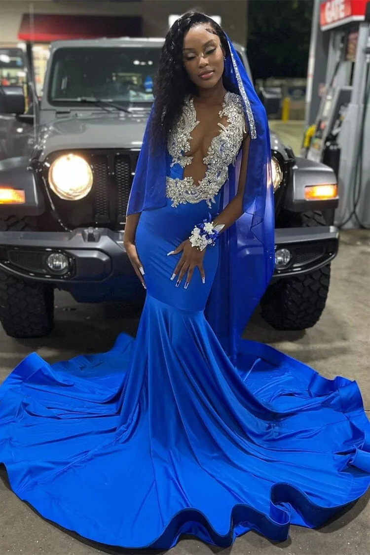 Königsblaues Meerjungfrau-Abendkleid mit V-Ausschnitt und Perlenbesatz, DP2652