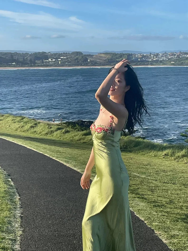 Vintage Green Floral Mermaid Spaghetti Strap Design Satin Prom Dress Evening Dress DP6235
