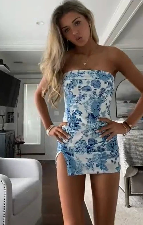 Vintage Floral Print Strapless Short Sheath Party Dress Cocktail Dress Homecoming Dress DP6484