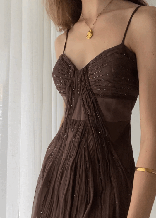 Vintage Straps Party Dress Brown A-Line Evening Dress, DP2280
