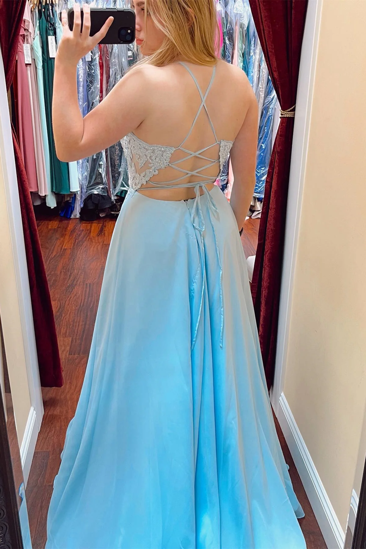 Light Blue Lace Plunge Neck A-Line Prom Dress with Slit,DP051