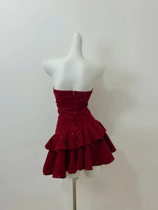 Vintage Burgundy Shiny Beaded A-Line Strapless Homecoming Dress Party Dress Cocktail Dress DP6685