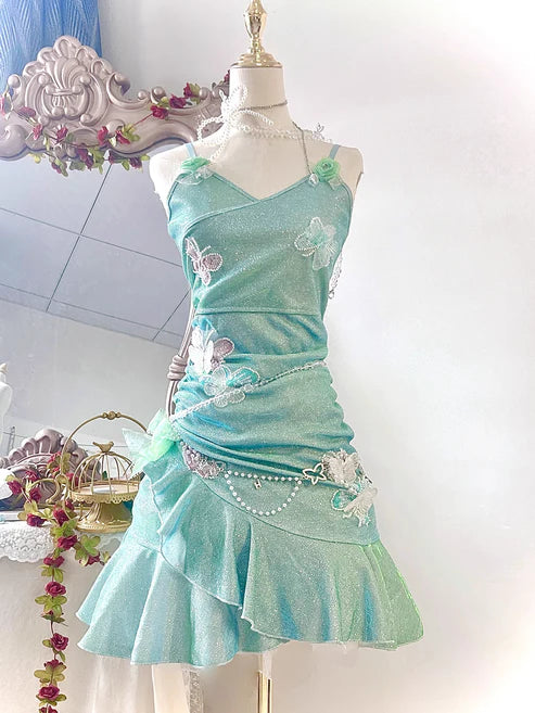 Fashion Mint Green Sparkling Sequin Spaghetti Strap Ruffled Hem Short 16th Birthday Party Dress Homecoming Dress DP6040