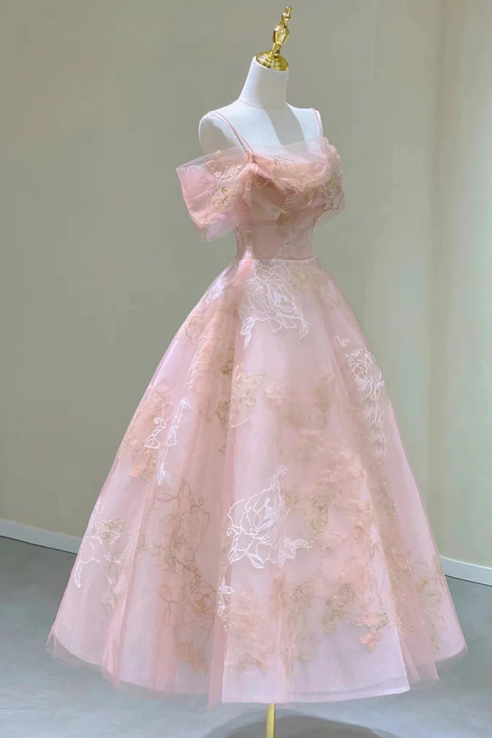Robe de bal longue trapèze en tulle rose et dentelle, épaules dénudées, robe d'anniversaire, DP3183