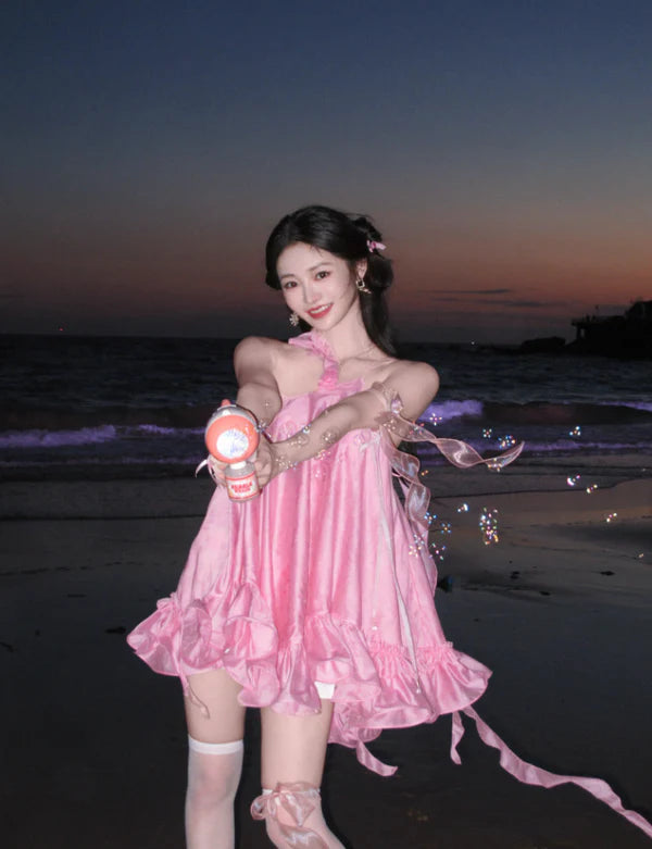 Cute Pink Ruffle Short A-Line Satin Party Dress Cocktail Dress Homecoming Dress DP6495