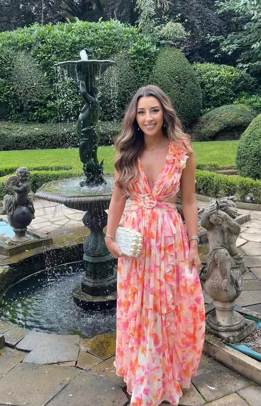 Elegantes Partykleid mit tiefem V-Ausschnitt und rückenfreiem A-Linien-Blumenmuster, DP2423