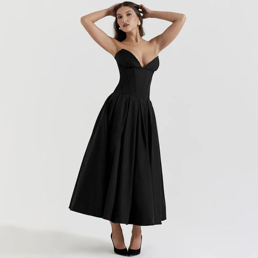Sexy Black Strapless Prom Dress A-Line V-neck Evening Dress Formal Dress DP6693
