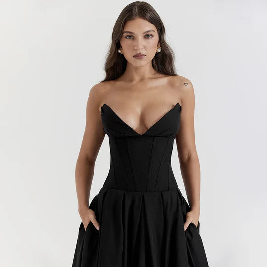 Sexy Black Strapless Prom Dress A-Line V-neck Evening Dress Formal Dress DP6693
