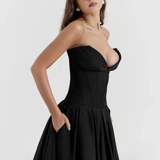 Sexy Black Strapless Prom Dress A-Line V-neck Evening Dress Formal Dress DP6693