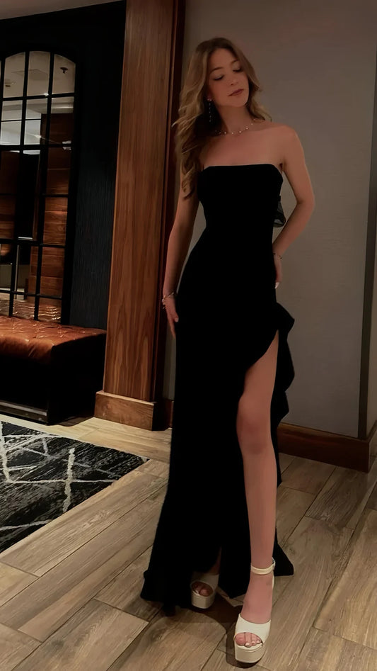 Vintage Black Strapless Prom Dress Sheath Evening Gown Slit Party Dress Long Formal Dress DP6947
