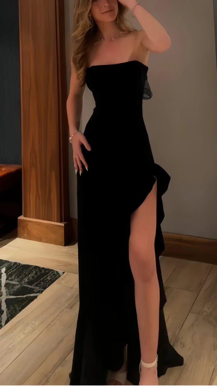 Vintage Black Strapless Prom Dress Sheath Evening Gown Slit Party Dres