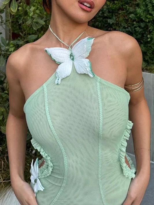 Charming Aqua Chiffon Butterfly Design Prom Dress Sheath Halter-neck Evening Dress Long Formal Dress DP6690