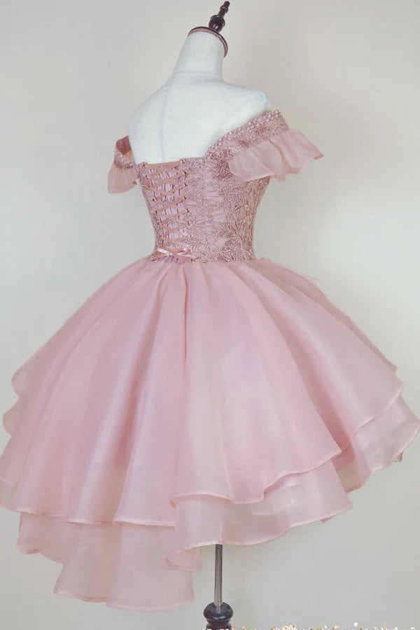 Elegant Pink Off-the-Shoulder Sparkly Lace Sequin Ruffle A-Line Homecoming Dress DP8691