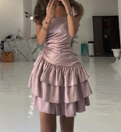 Elegant Pink One-Shoulder Satin Ruched Tiered Ruffle A-Line Homecoming Dress DP8692
