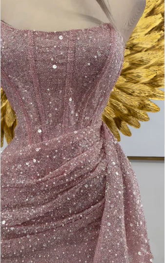 Chic Shiny Pink Sequin Homecoming Dress Strapless Party Dress Short Sheath Cocktail Dress, DP6621