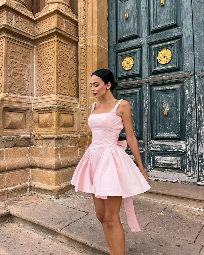Robe de soirée rose dos nu coupe trapèze, robe de fête d'anniversaire, DP1825