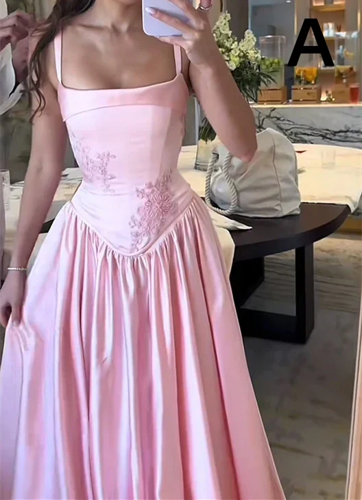 Wunderschönes rosa Spaghettiträger-A-Linien-Satin-Partykleid mit Herzausschnitt, Brautjungfernkleid DP6302