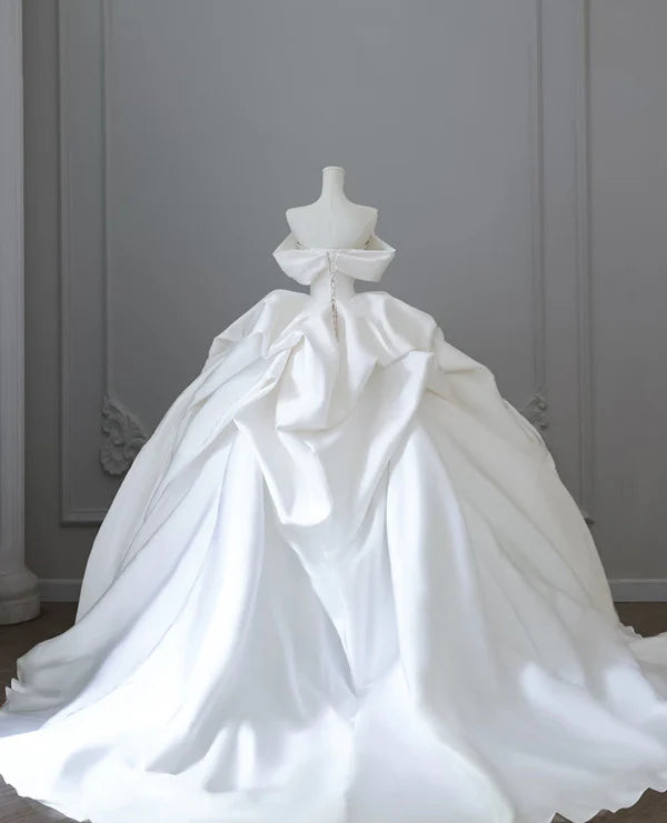 Elegant White Satin Off-the-shoulder Ruffle Ball Gown Design A-Line Wedding Dress, DP6113