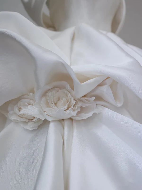 Elegant White Satin Off-the-shoulder Ruffle Ball Gown Design A-Line Wedding Dress, DP6113