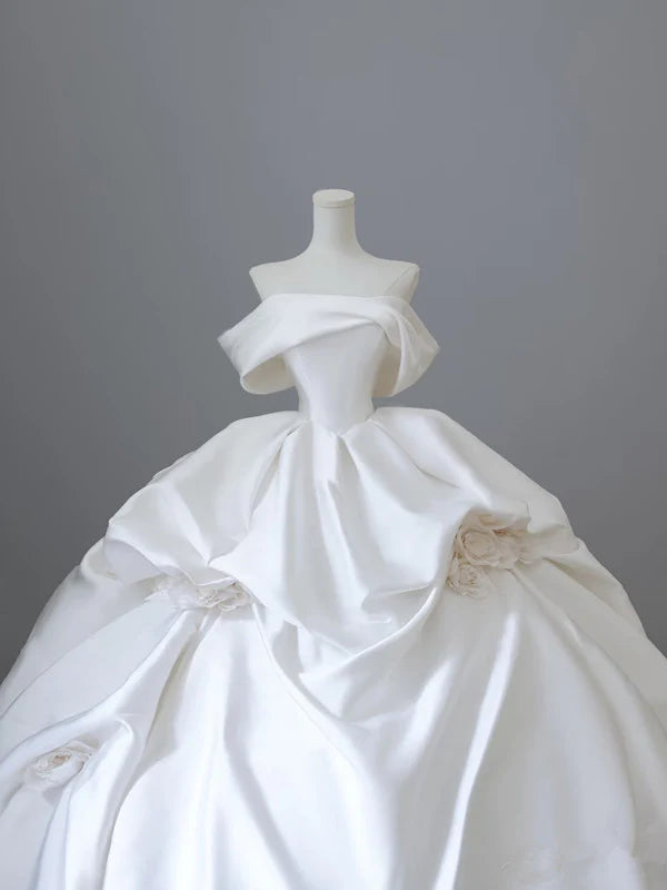 Elegant White Satin Off-the-shoulder Ruffle Ball Gown Design A-Line Wedding Dress, DP6113