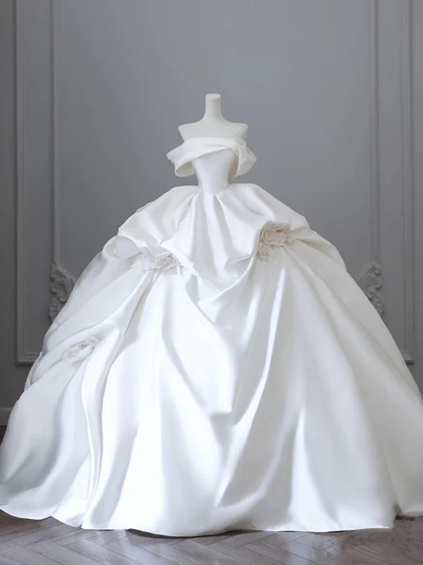 Elegant White Satin Off-the-shoulder Ruffle Ball Gown Design A-Line Wedding Dress, DP6113