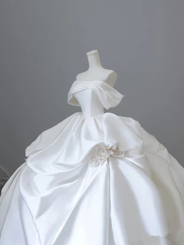 Elegant White Satin Off-the-shoulder Ruffle Ball Gown Design A-Line Wedding Dress, DP6113