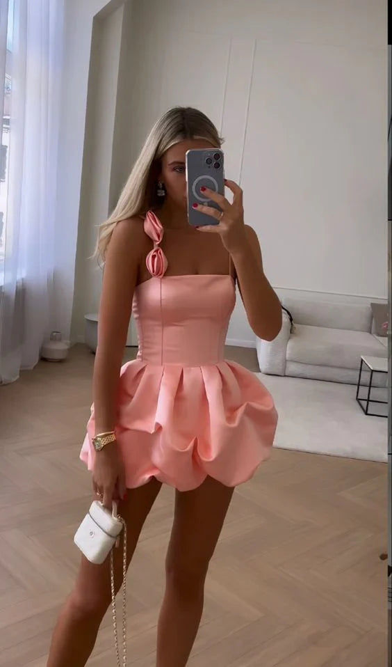 Vintage Pink Satin Short A-Line Party Dress Cocktail Dress Homecoming Dress DP6475