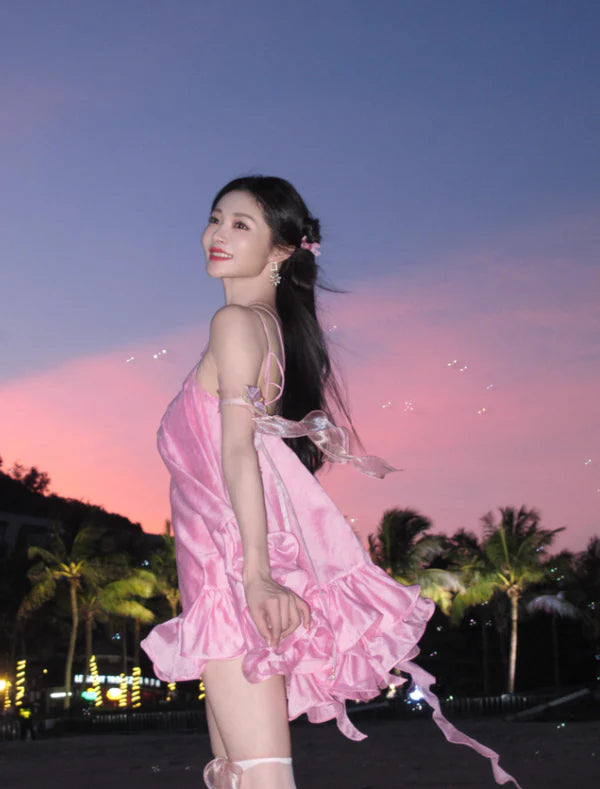 Cute Pink Ruffle Short A-Line Satin Party Dress Cocktail Dress Homecoming Dress DP6495