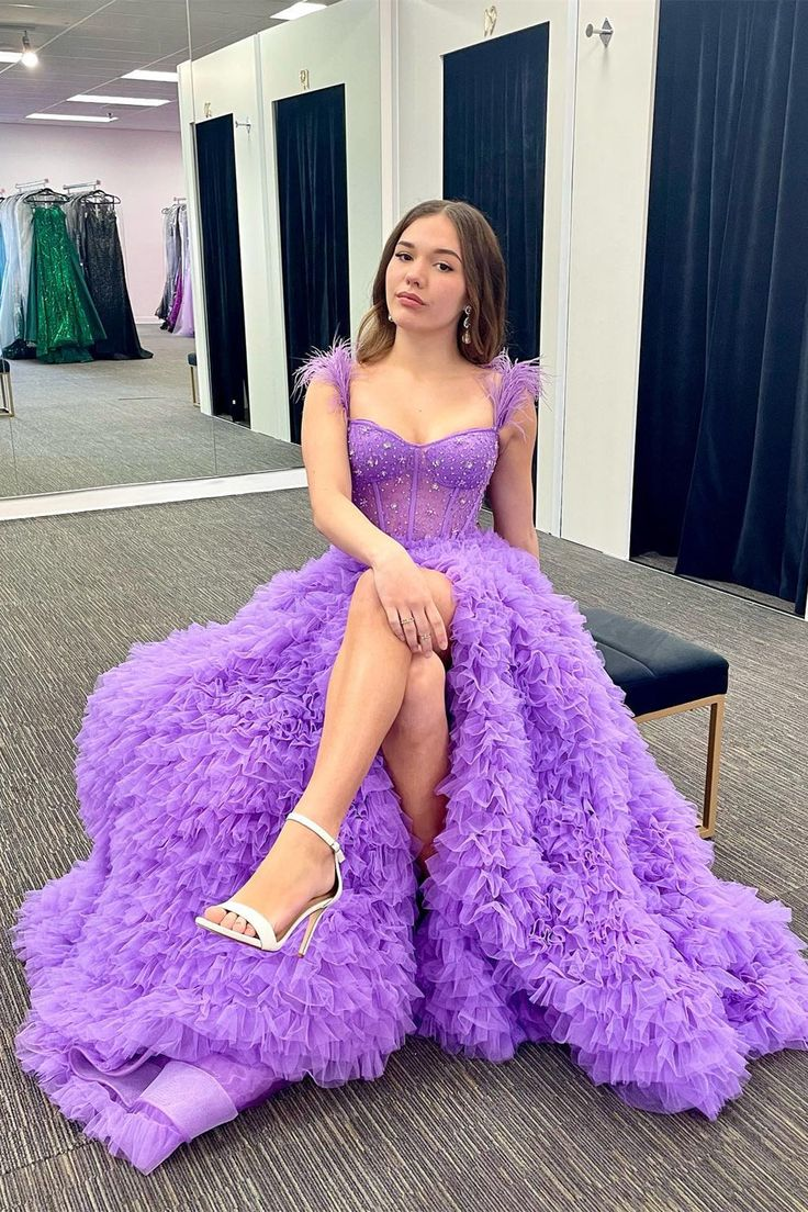 Hot Pink Beaded Feather Off-the-Shoulder Tiered Long Prom Dress with Slit,DP0144
