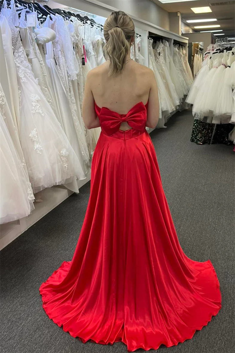 Rotes Satin-Ballkleid mit trägerlosem A-Linien-Schleife und Schlitz, DP09