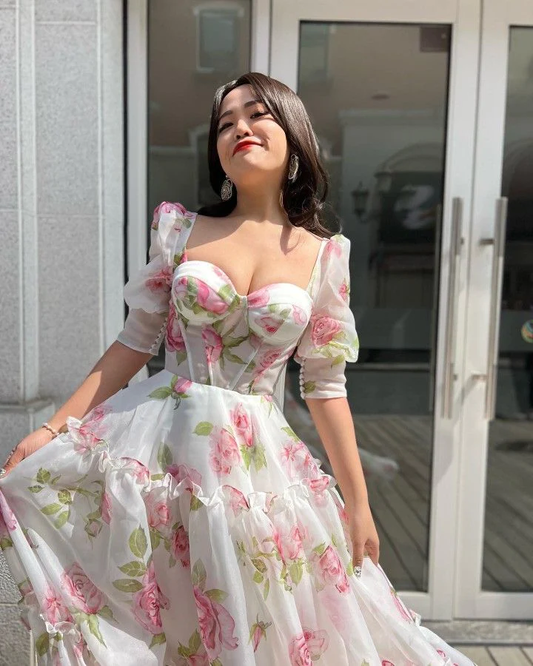 Blumen Herzausschnitt A-Linie Halbarm Chiffon Langes Partykleid,DP1899